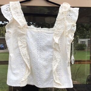 Spartina 449 Taralynn Eyelet Ruffle Pearl White Top 100% Cotton